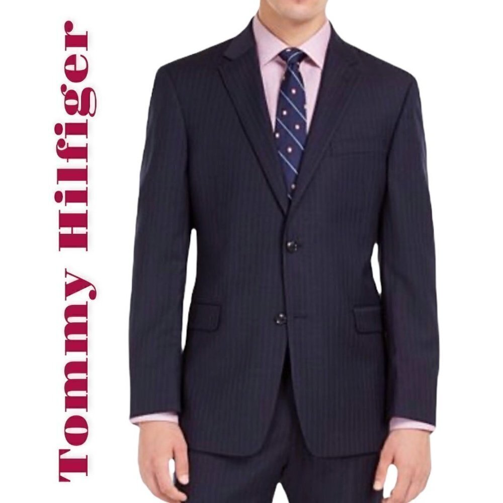 TOMMY HILFIGER Adams Navy Wide Pinstriped 2-Button Blazer in‎ Marine, Size 40